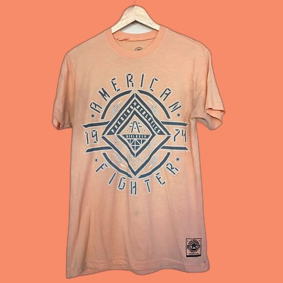 Buckle American Fighter Men's T Shirt Peach Gray Double Sided M - Picture 1 of 9